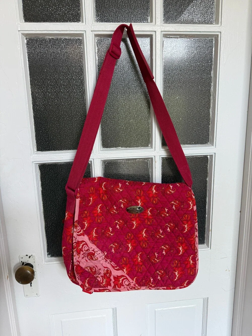 She's Got Baggage Quilted Messenger Crossbody Bag Red Pink Floral Paisley